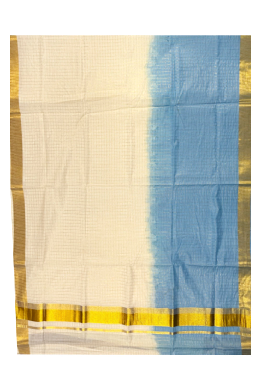 Southloom Cotton Tie & Dye - Half & Half Blue Design Saree with Kasavu Checks Across Body