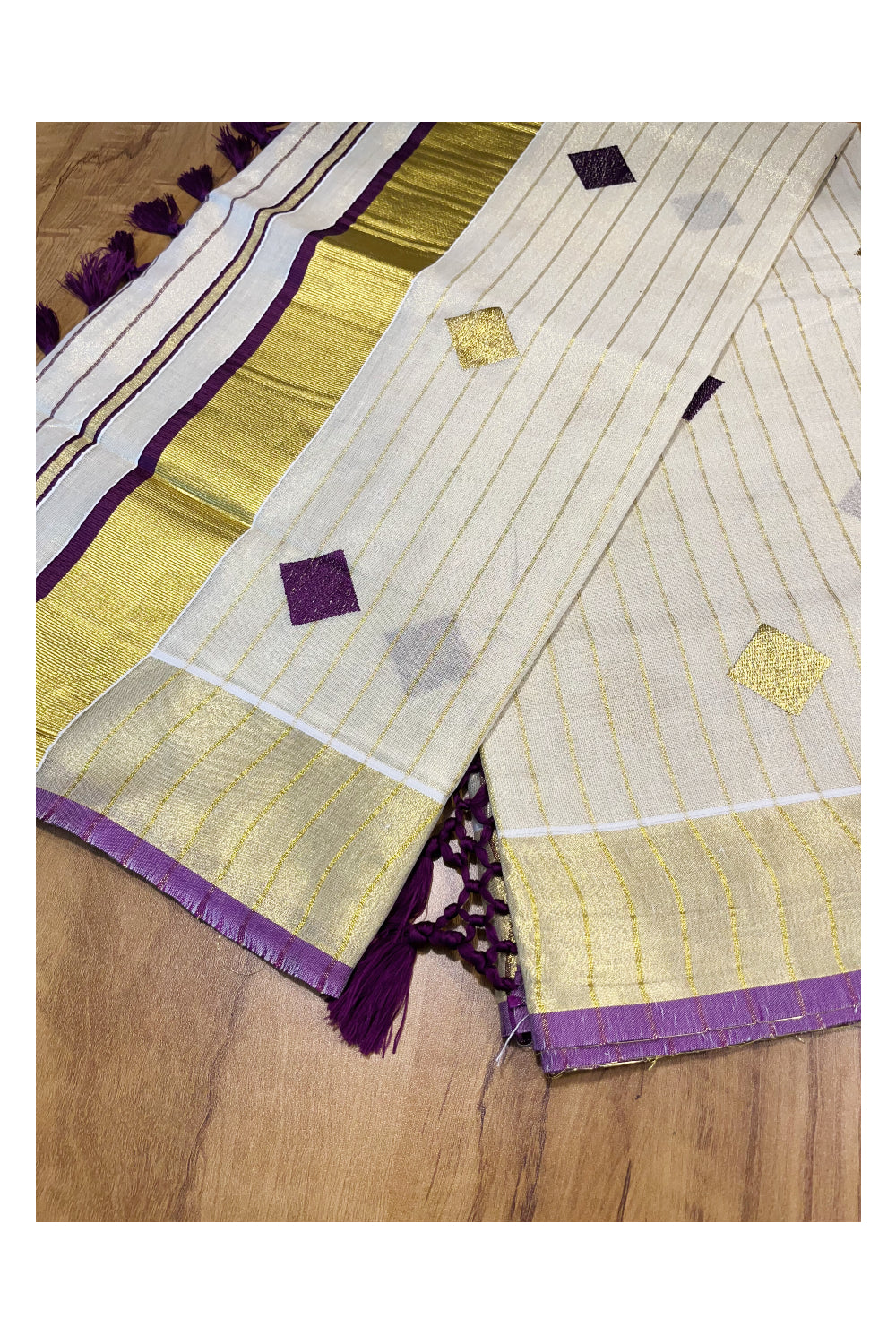 Kerala Tissue Kasavu Lines Saree with Violet and Golden Diagonal Woven Designs on Body and Pallu