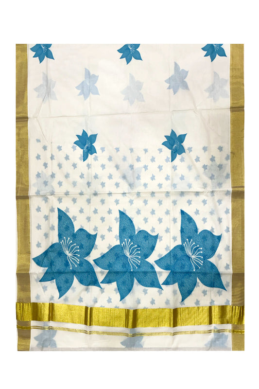 Southloom Exclusive Onam Kasavu Saree with Blue Floral Print Across Body in High Quality (Matching Printed Blouse Included)