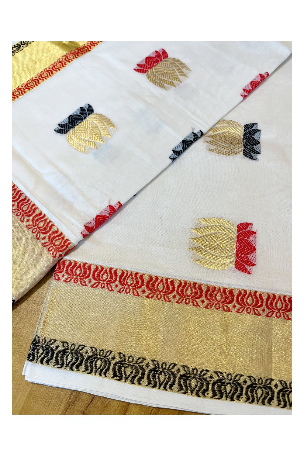 Southloom™ Premium Handloom Cotton Kasavu Saree With Handwoven Red,Black and Golden Lotus Designs