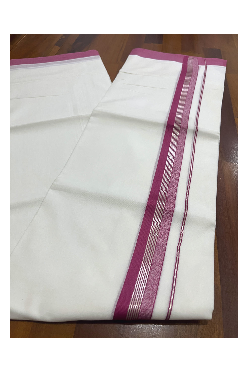 Pure White Cotton Double Mundu with Red and Silver Kasavu Border (South Indian Kerala Dhoti)