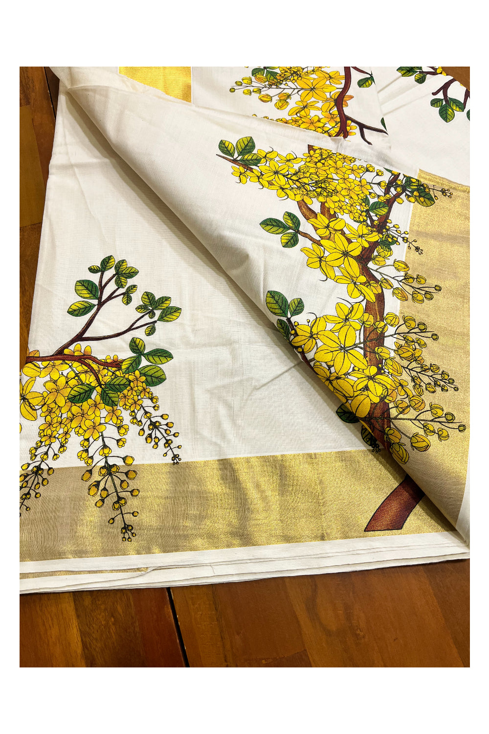 Pure Cotton Kerala Kasavu Saree with Floral Prints on Body