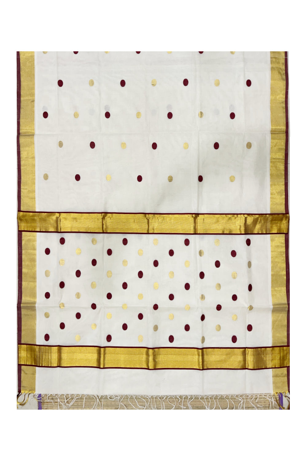 Southloom Premium Handloom Cotton Saree with Golden and Maroon Polka Works Across Body