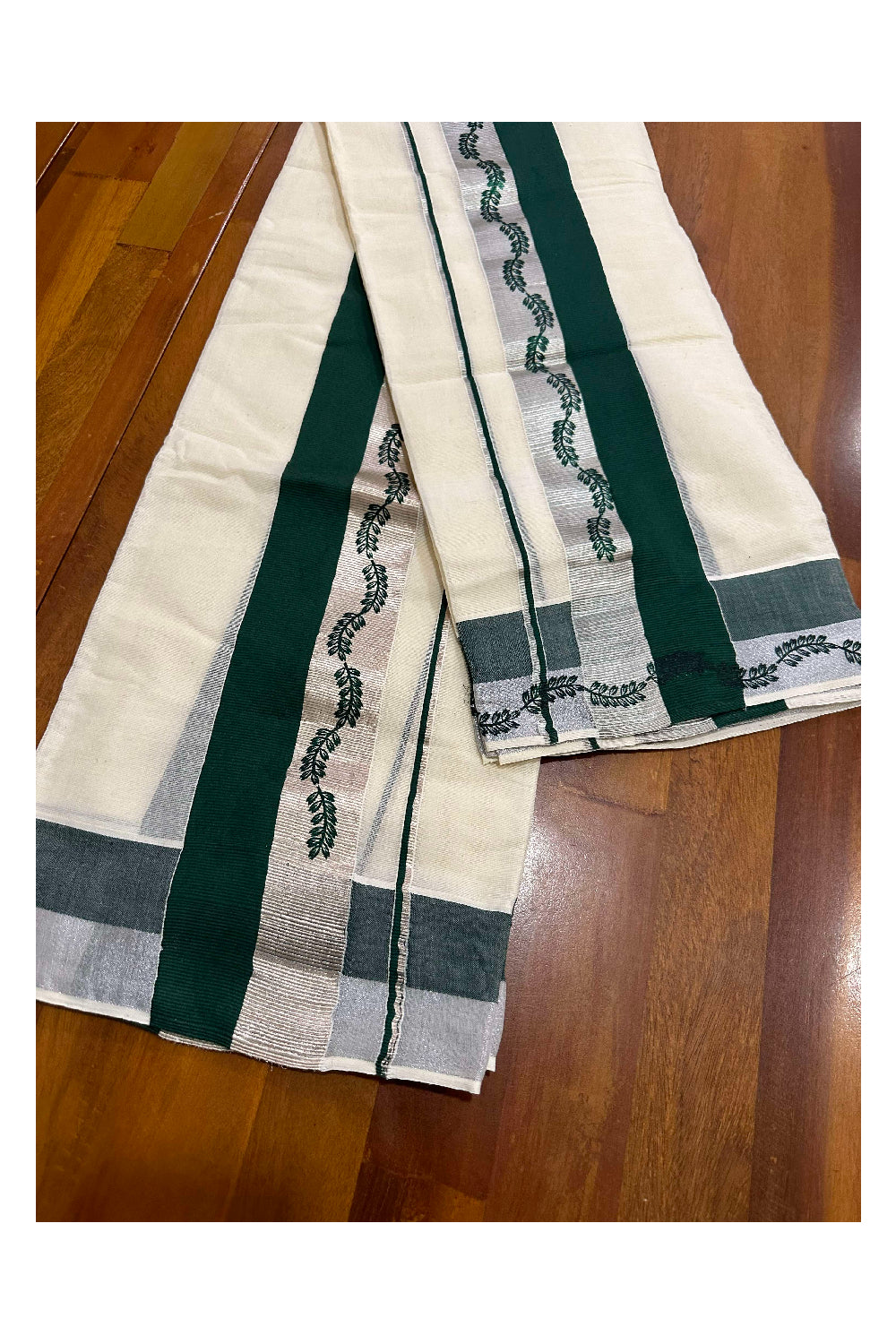 Kerala Cotton Single Set Mundu (Mundum Neriyathum) with Green Block Prints and Silver Kasavu Border 2.80 Mtrs (Onam set Mundu 2023)