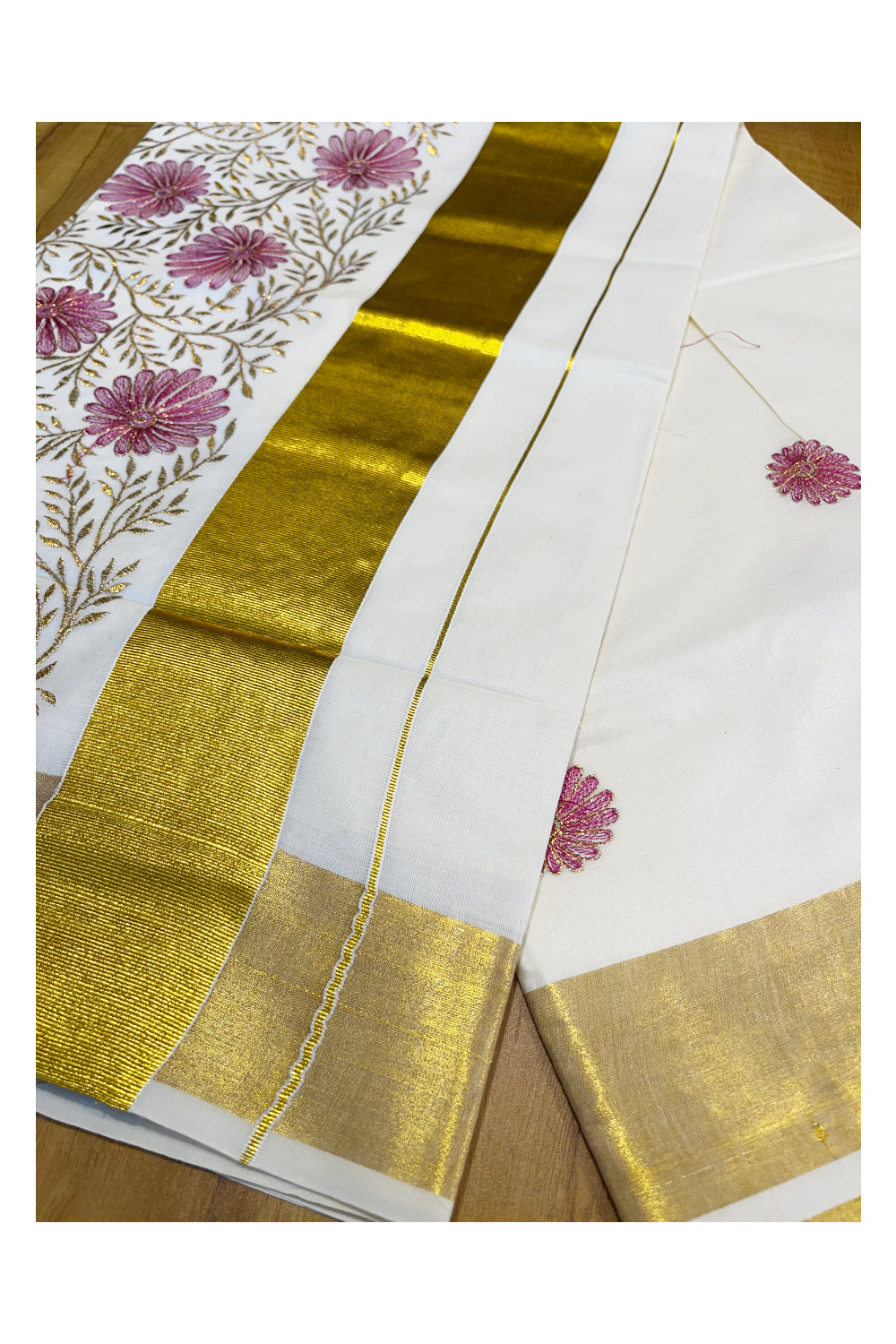 Kerala Cotton Kasavu Saree with Golden and Pink Floral Embroidery Work