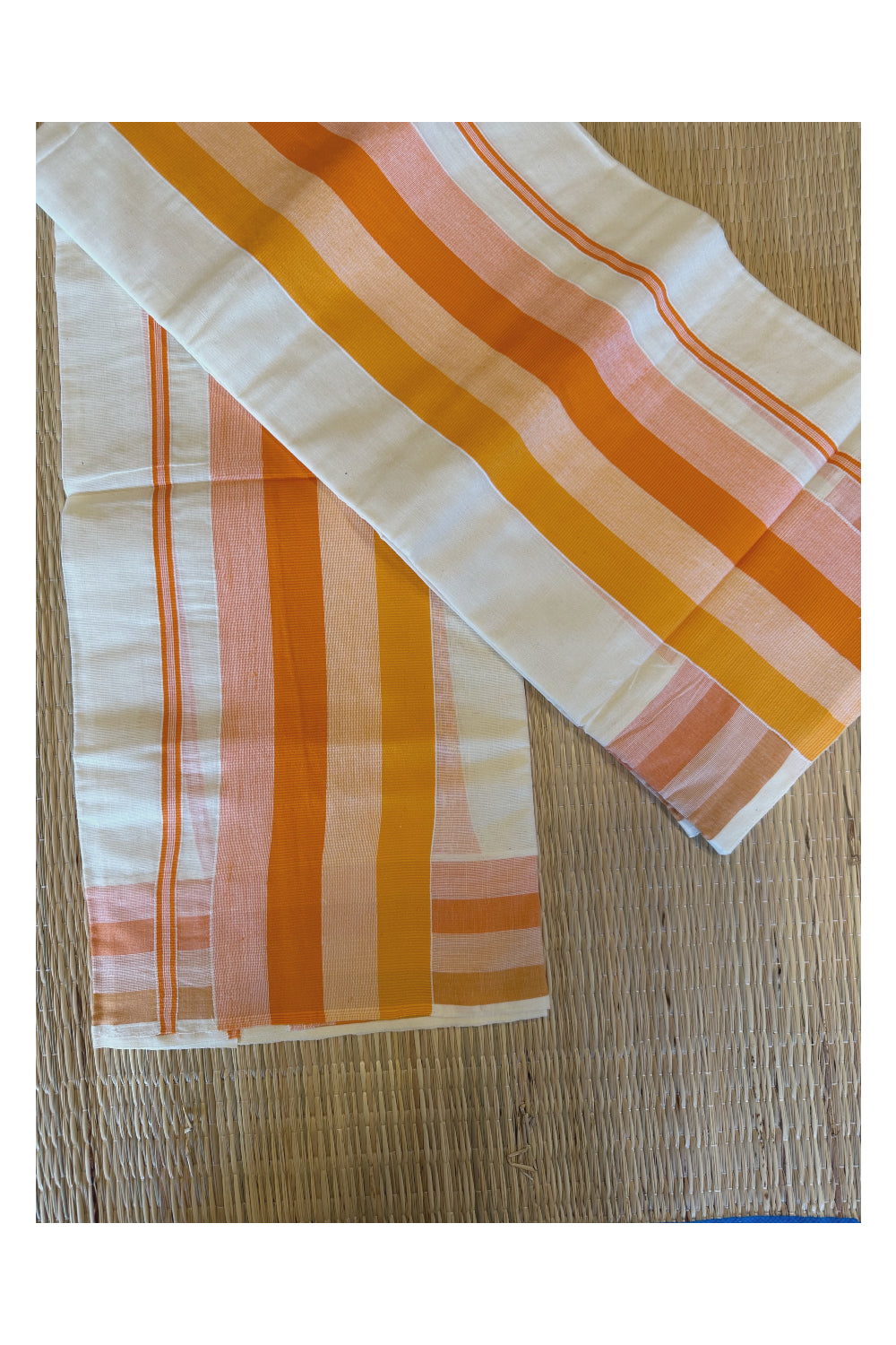 Kerala Cotton Mundum Neriyathum Single (Set Mundu) with Orange Lines Border 2.80 Mtrs