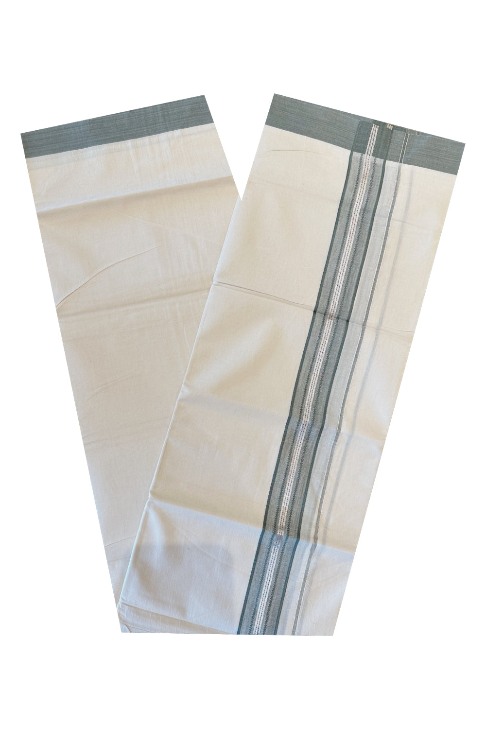 Kerala Pure Cotton Double Mundu with Greyish Green and Silver Kasavu Border (Onam Mundu 2023)