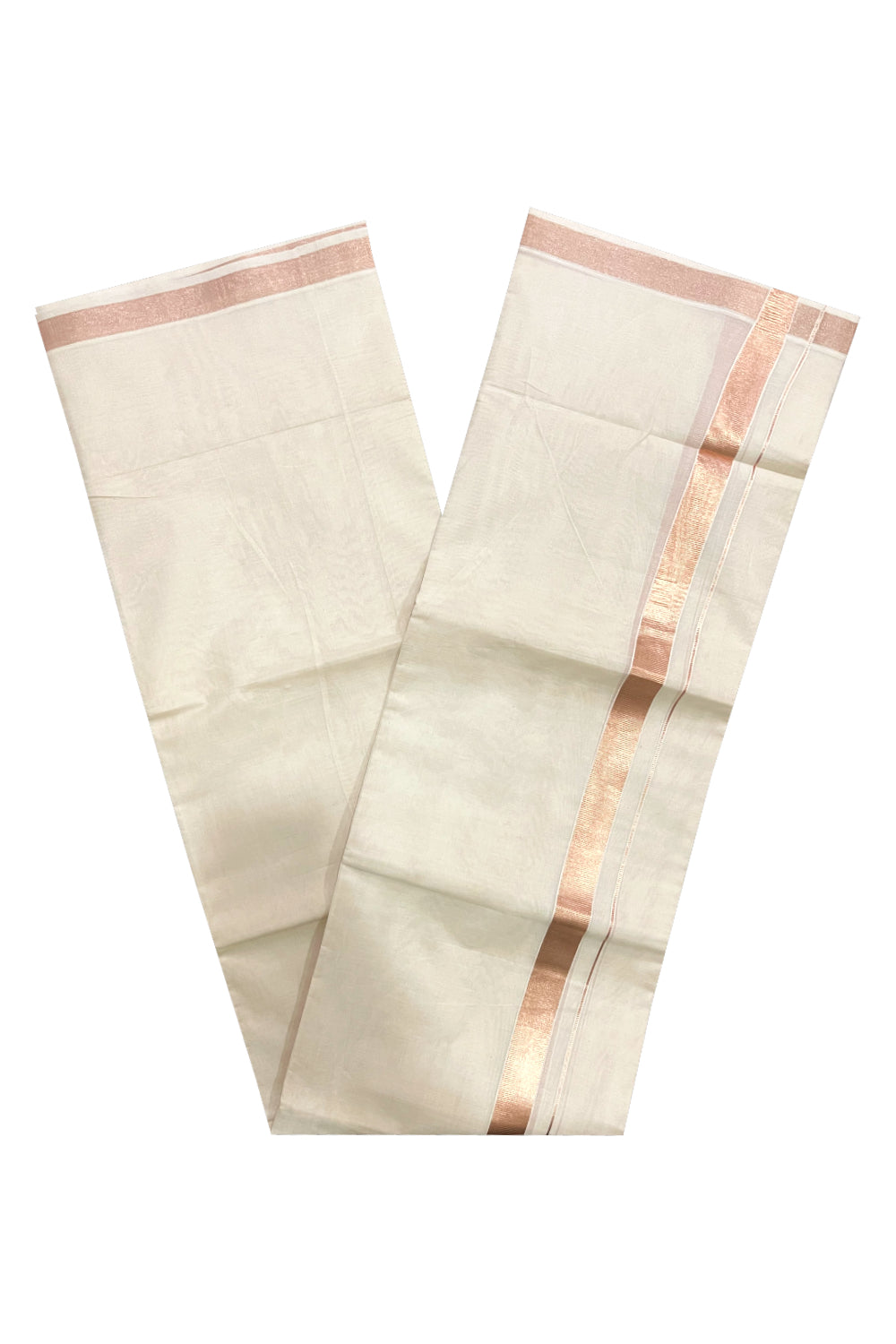 Off White Pure Cotton Double Mundu with 1 inch Rose Copper Kasavu Border (South Indian Kerala Dhoti)