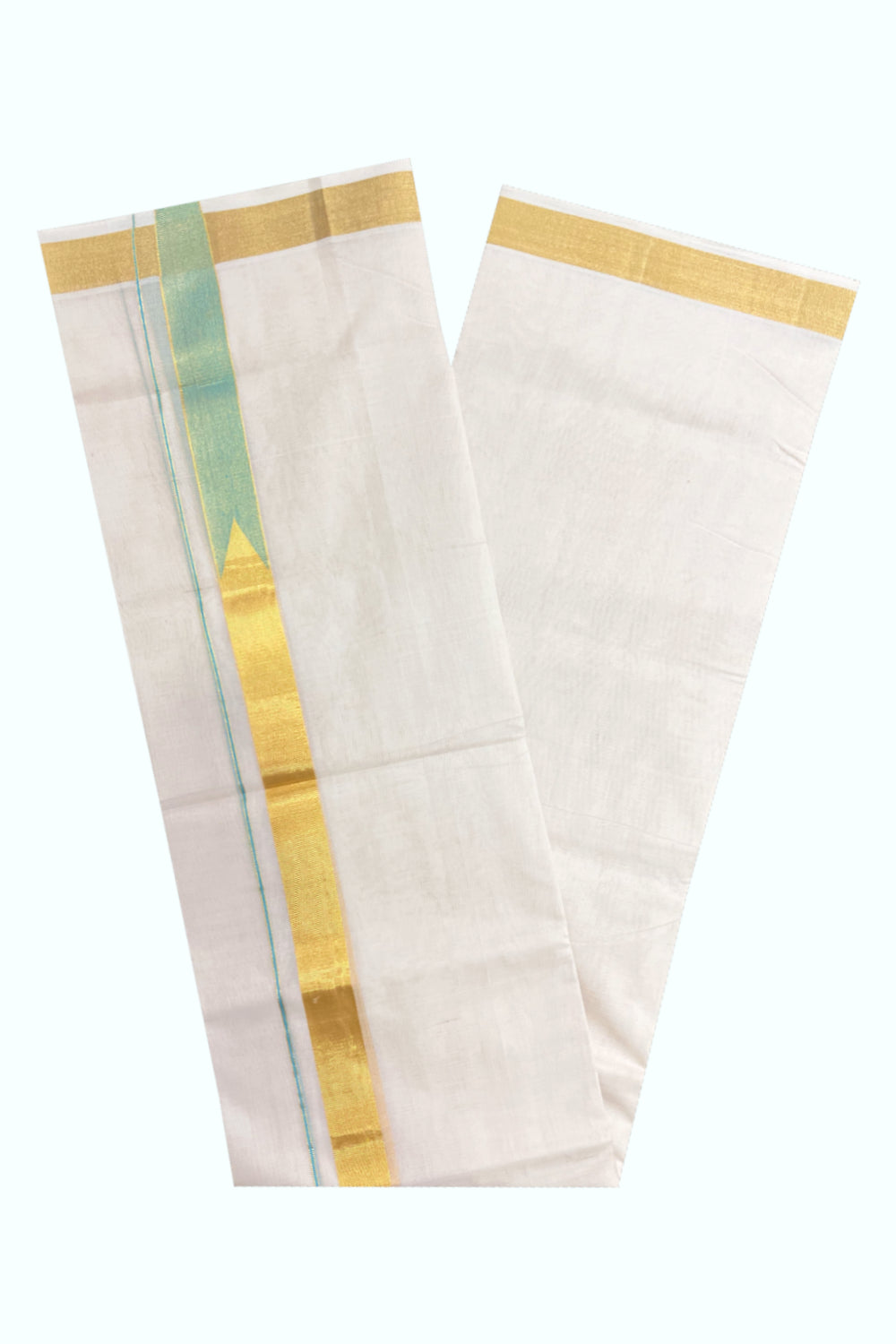 Southloom Super Premium Balaramapuram Unakkupaavu Handloom Kasavu Mundu with Turquoise Chutti Design (South Indian Kerala Dhoti)