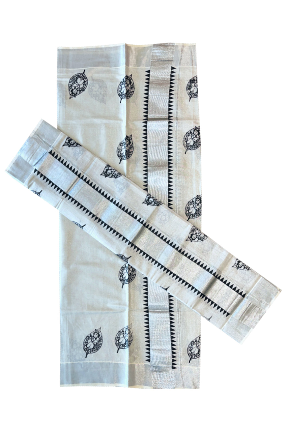 Kerala Silver Tissue Set Mundu (Mundum Neriyathum) with Krishna Prints and Black Temple Block Works on Border 2.80 Mtrs