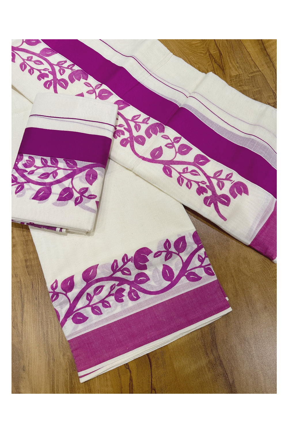 Southloom Original Design Single Set Mundu (Mundum Neriyathum) with Magenta Floral Vines Block Print 2.80 Mtrs (Onam Set Mundu 2023)