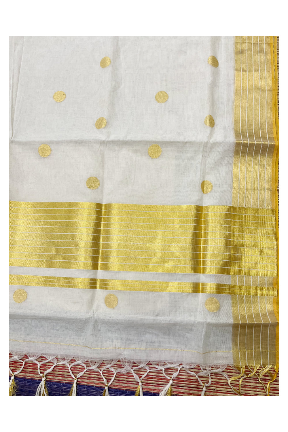 Southloom Super Premium Balaramapuram Unakkupaavu Handloom Kasavu Saree with Golden Polka Woven Designs on Body