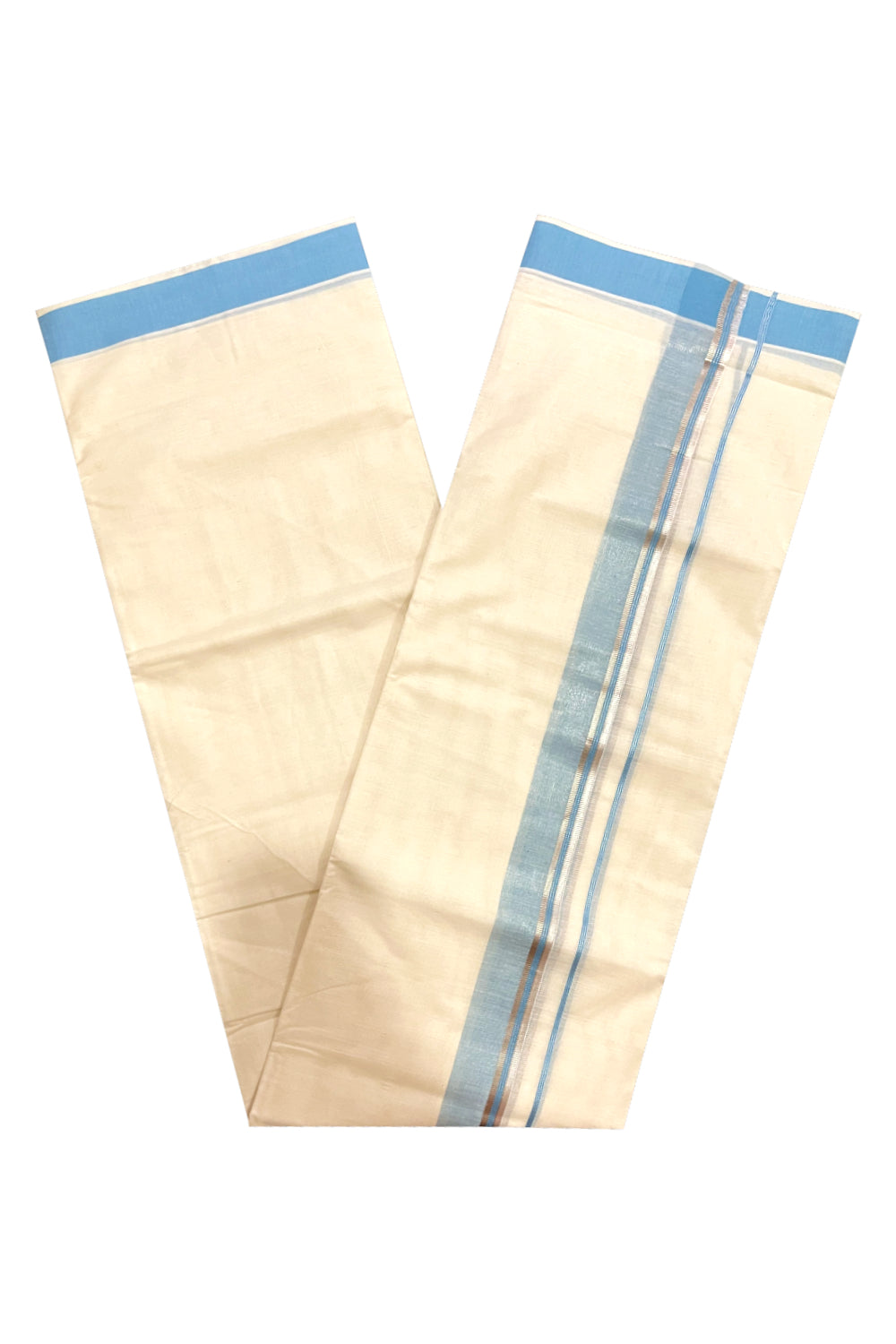 Kerala Cotton Double Mundu with Light Blue and Silver Kasavu Border (Onam Mundu 2023)