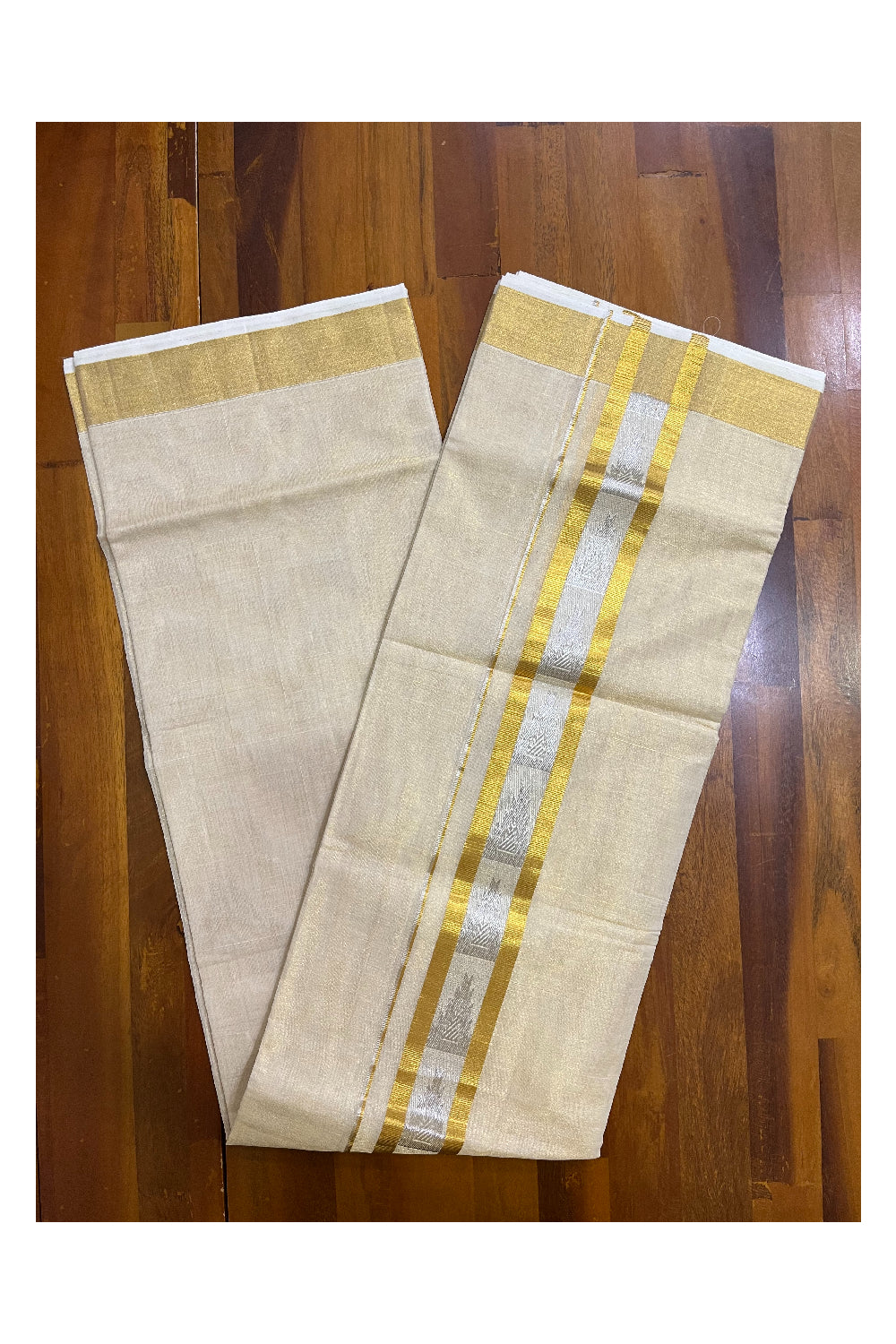 Southloom Premium Handloom Tissue Mundu with 2 inch Kasavu Border with Silver Woven Work