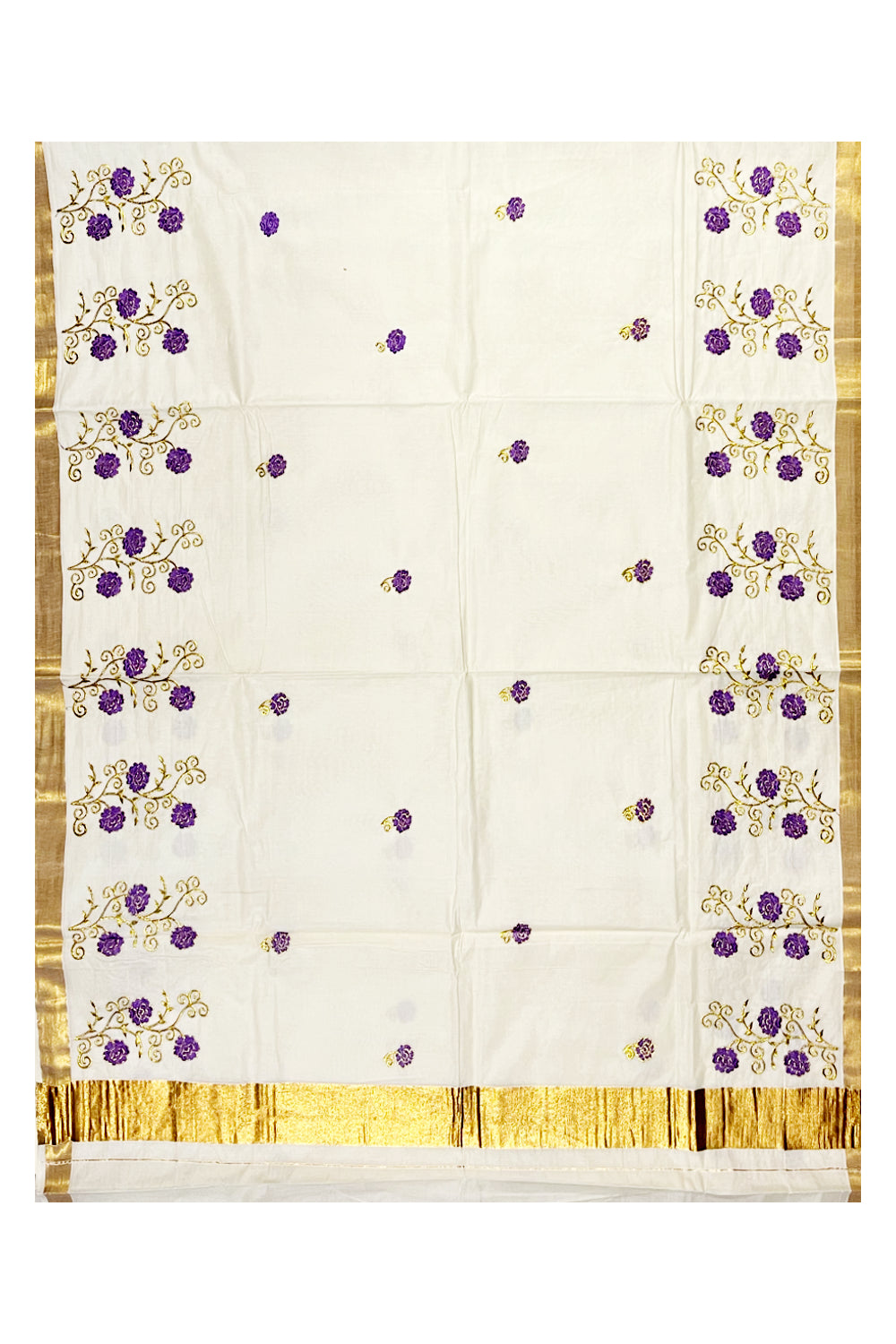 Southloom Kerala Kasavu Saree with Lavender and Gold Floral Embroidery