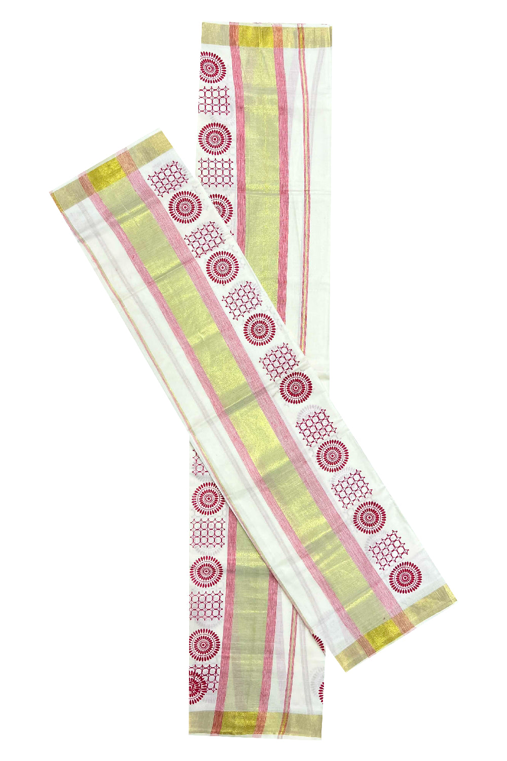 Kerala Cotton Single Set Mundu (Mundum Neriyathum) with Red Block Prints with Kasavu Border  - 2.80Mtrs