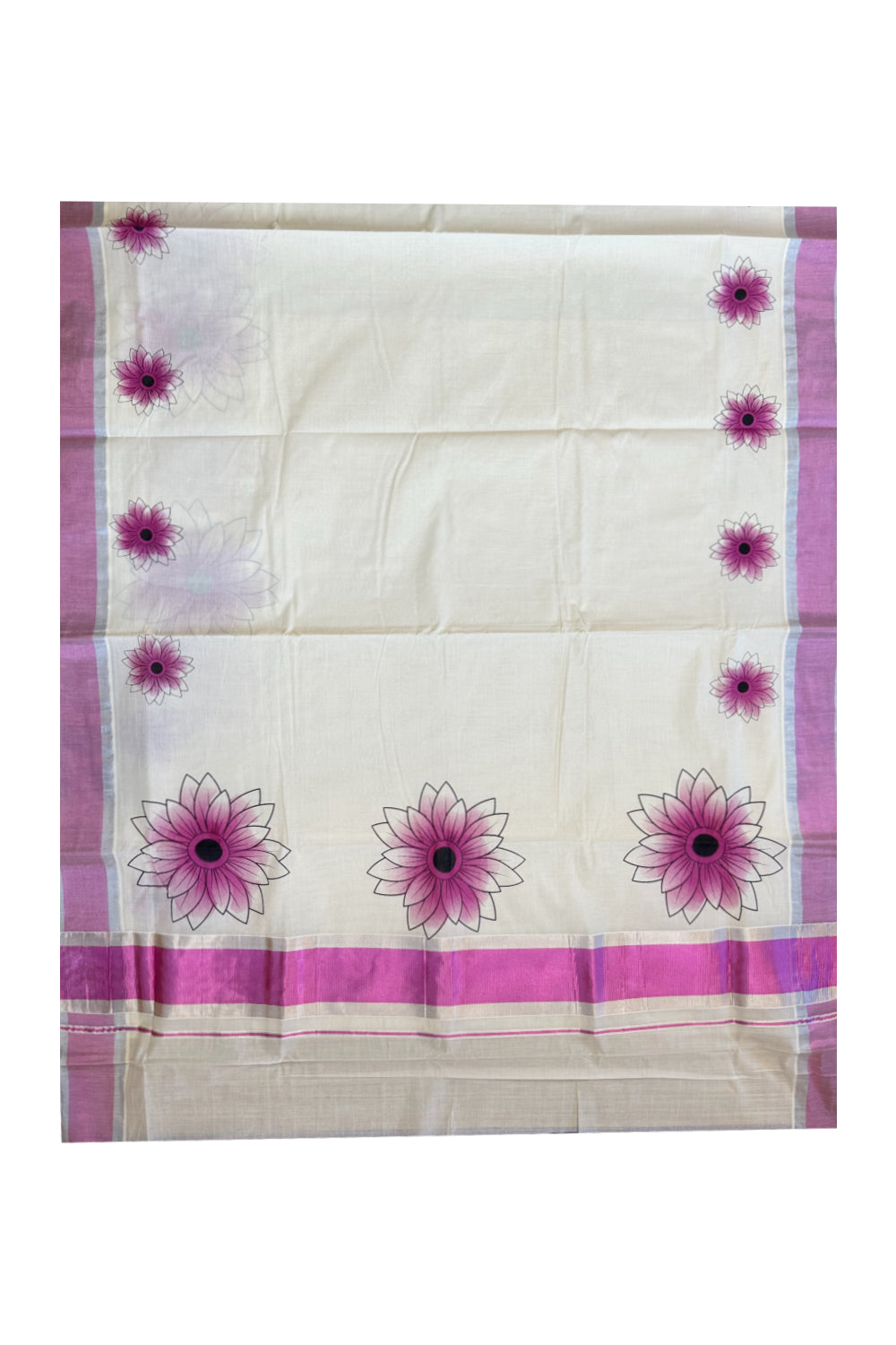 Kerala Cotton Saree with Floral Block Prints in Pink and Silver Border