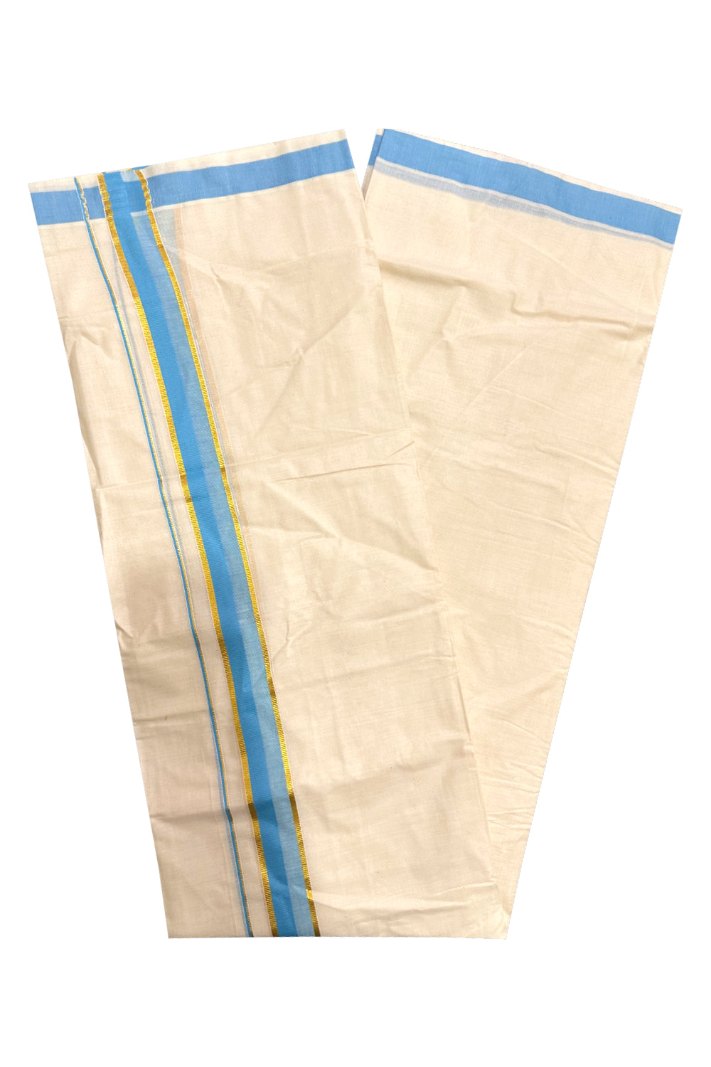 Kerala Cotton Double Mundu with Blue and Kasavu Border (Onam Mundu 2023)