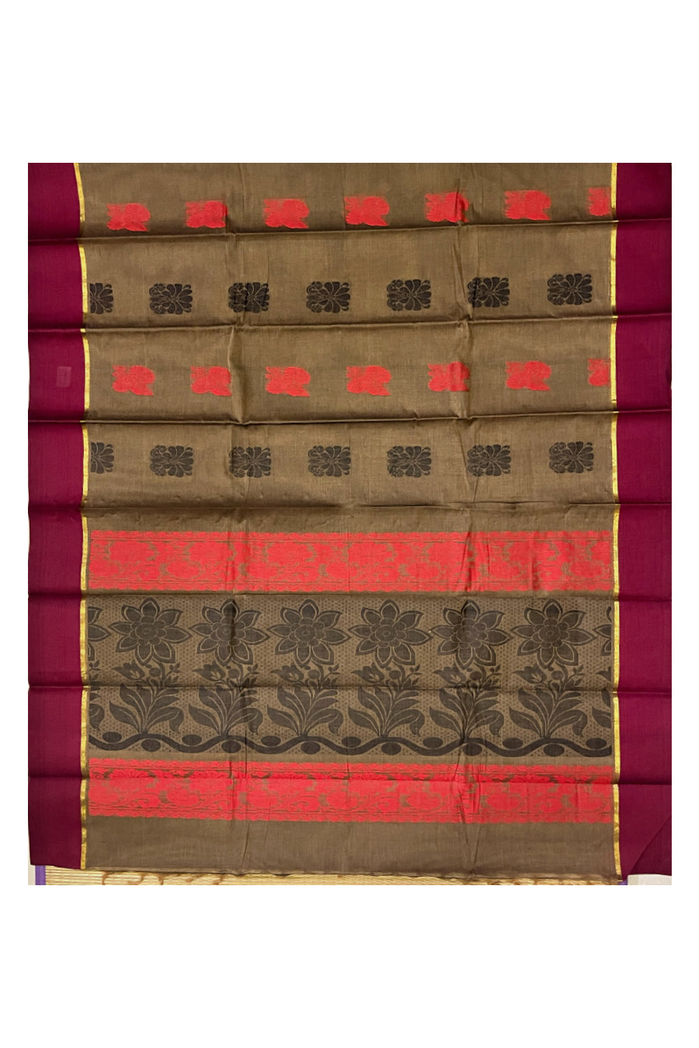 Southloom Cotton Brown Saree with Woven Butta Works on Body and Pallu