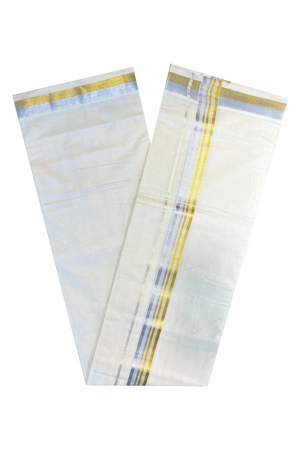 Kerala Pure Cotton Double Mundu with Silver and Golden Kasavu Border (South Indian Kerala Dhoti)