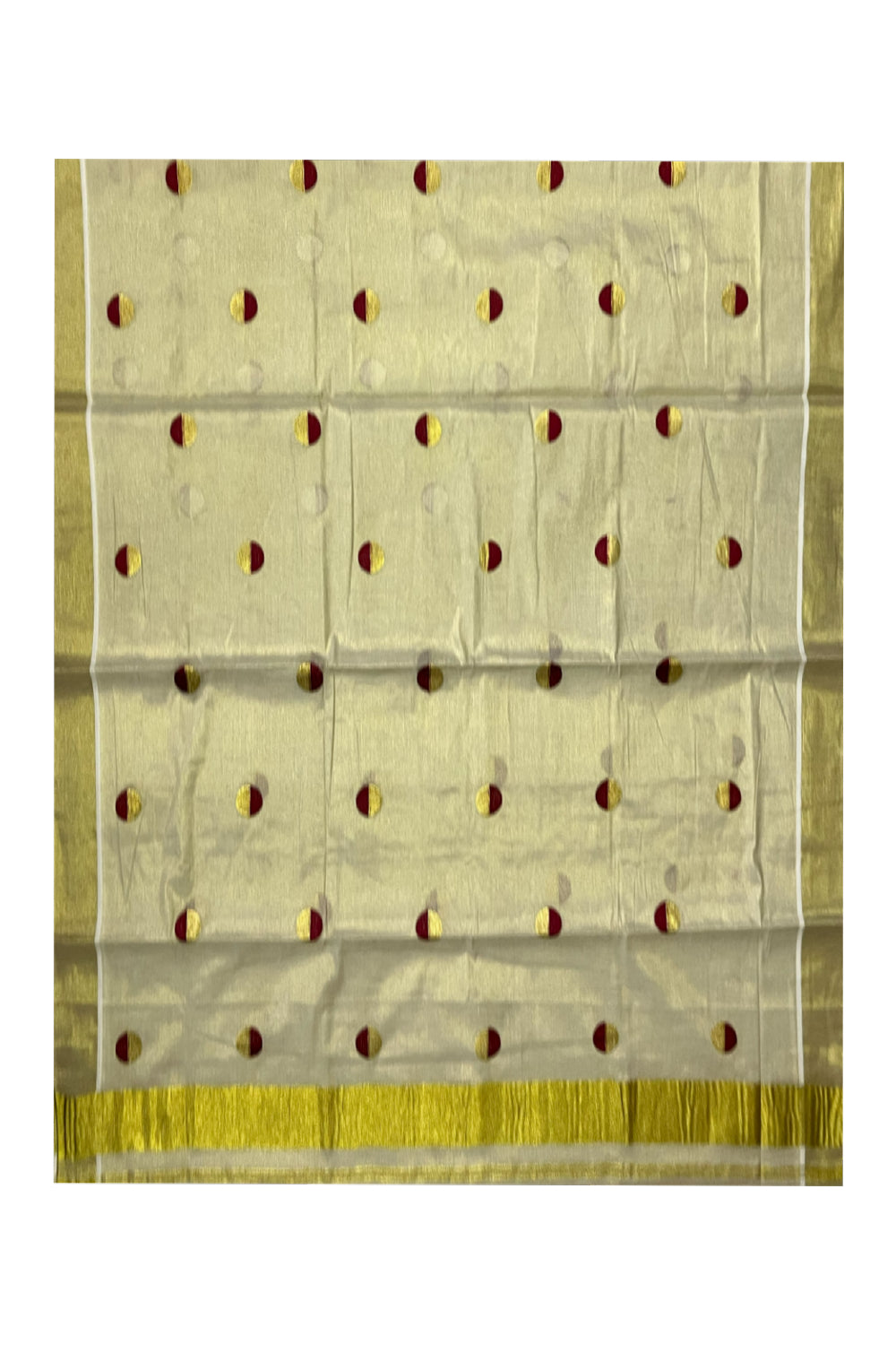 Kerala Tissue Kasavu Saree with Maroon Golden Polka Works Across Body (Onam Saree 2023)