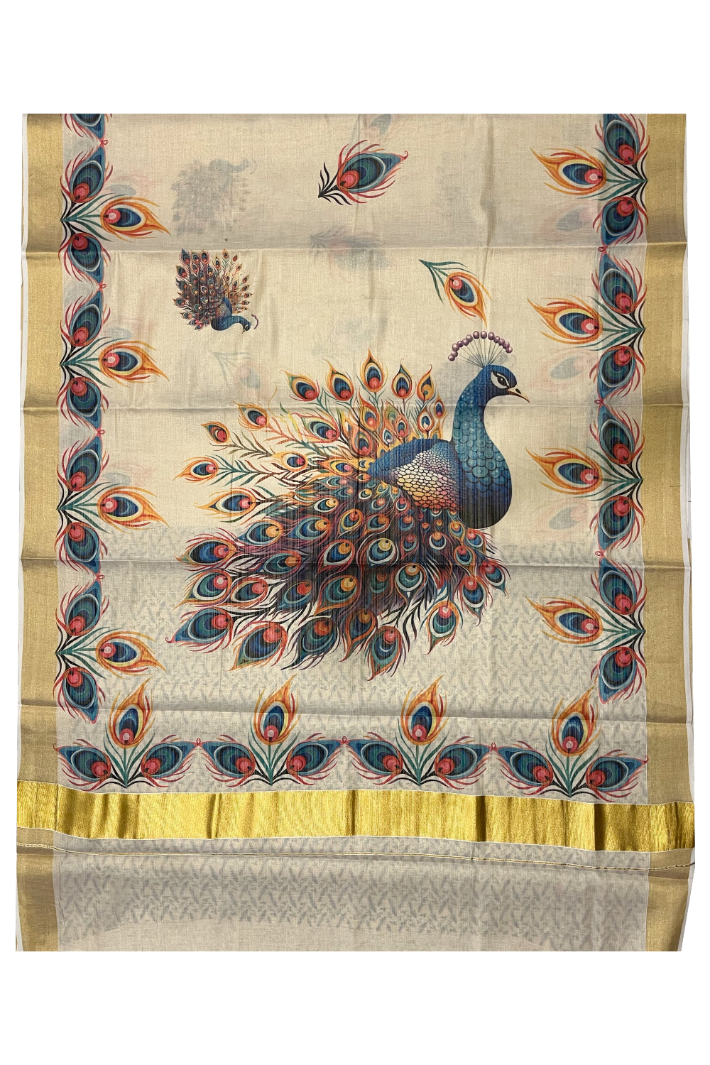 Southloom High Definition Mural Peacock Design Saree in Non Shiny Kasavu Tissue (with Printed Blouse)