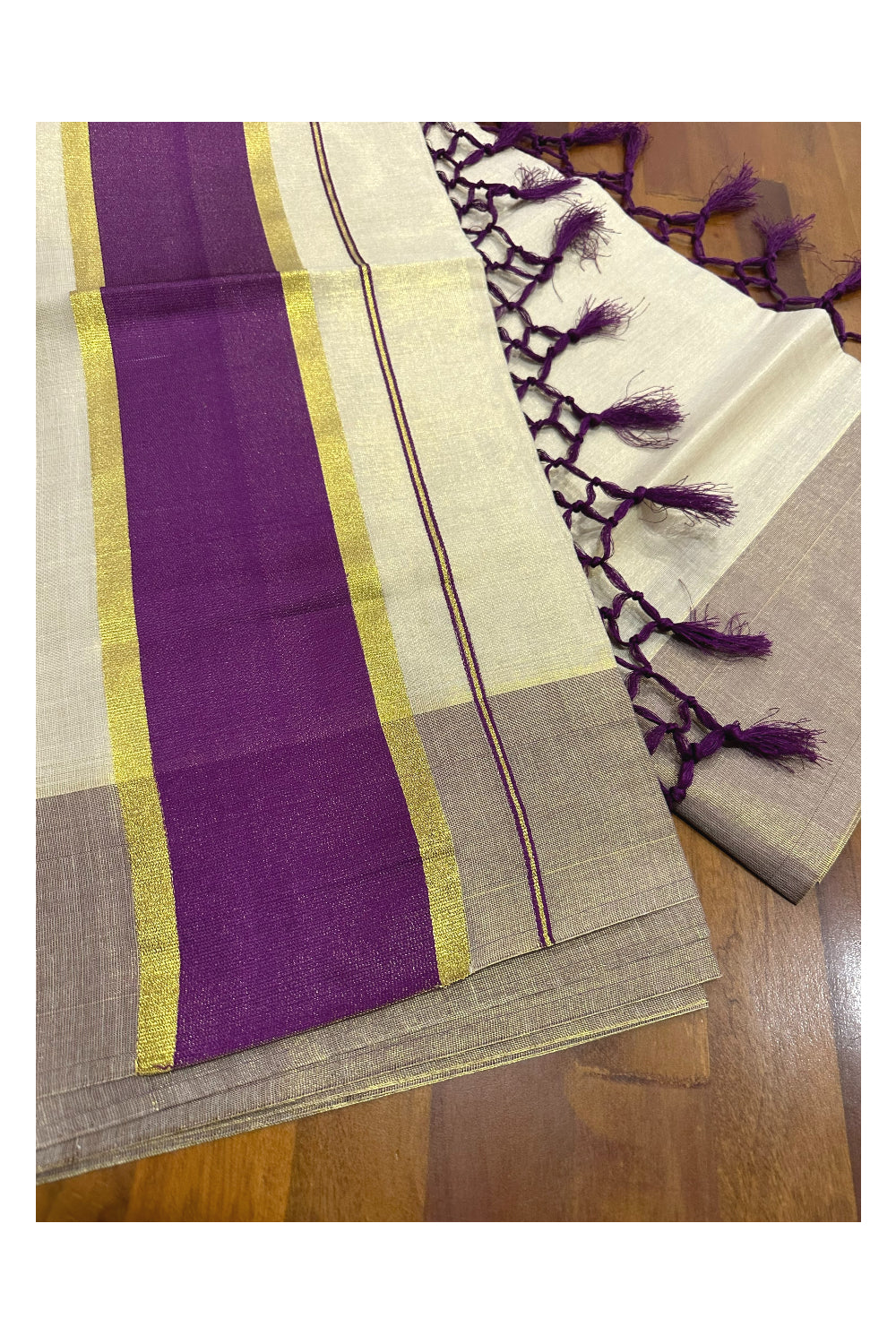 Kerala Kasavu Tissue Saree with Purple Kara and Border (Onam Saree 2023)