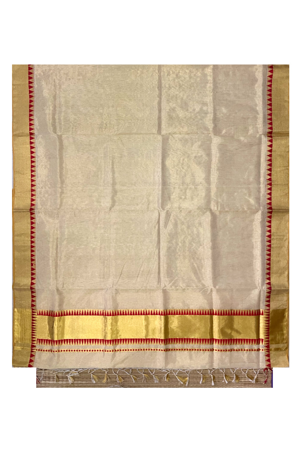 Southloom Super Premium Balaramapuram Handloom Tissue Saree with Red Temple Border