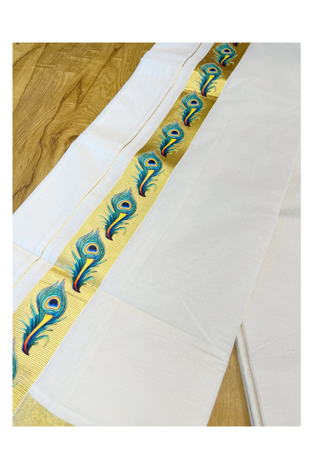 Kerala Pure Cotton Double Mundu with Feather Hand Painted Designs on Kasavu Border(South Indian Kerala Dhoti)