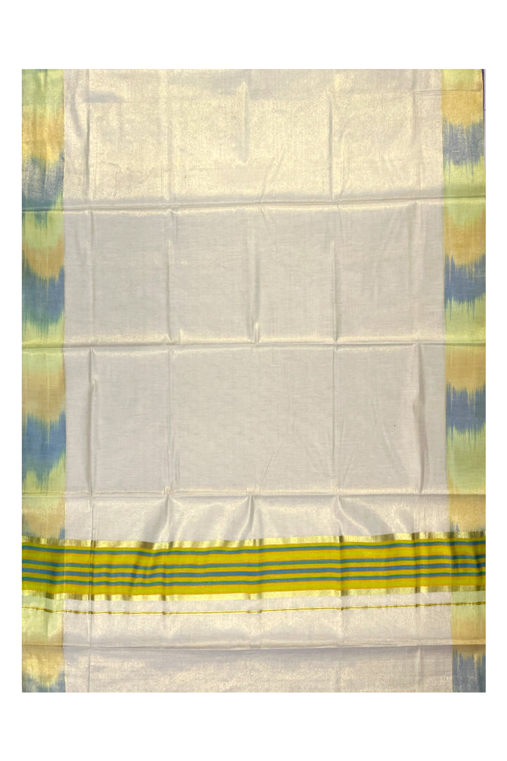 Southloom Kerala Tissue Kasavu Saree with Blue and Yellow,Orange Pochampally Design on Borders and Kara