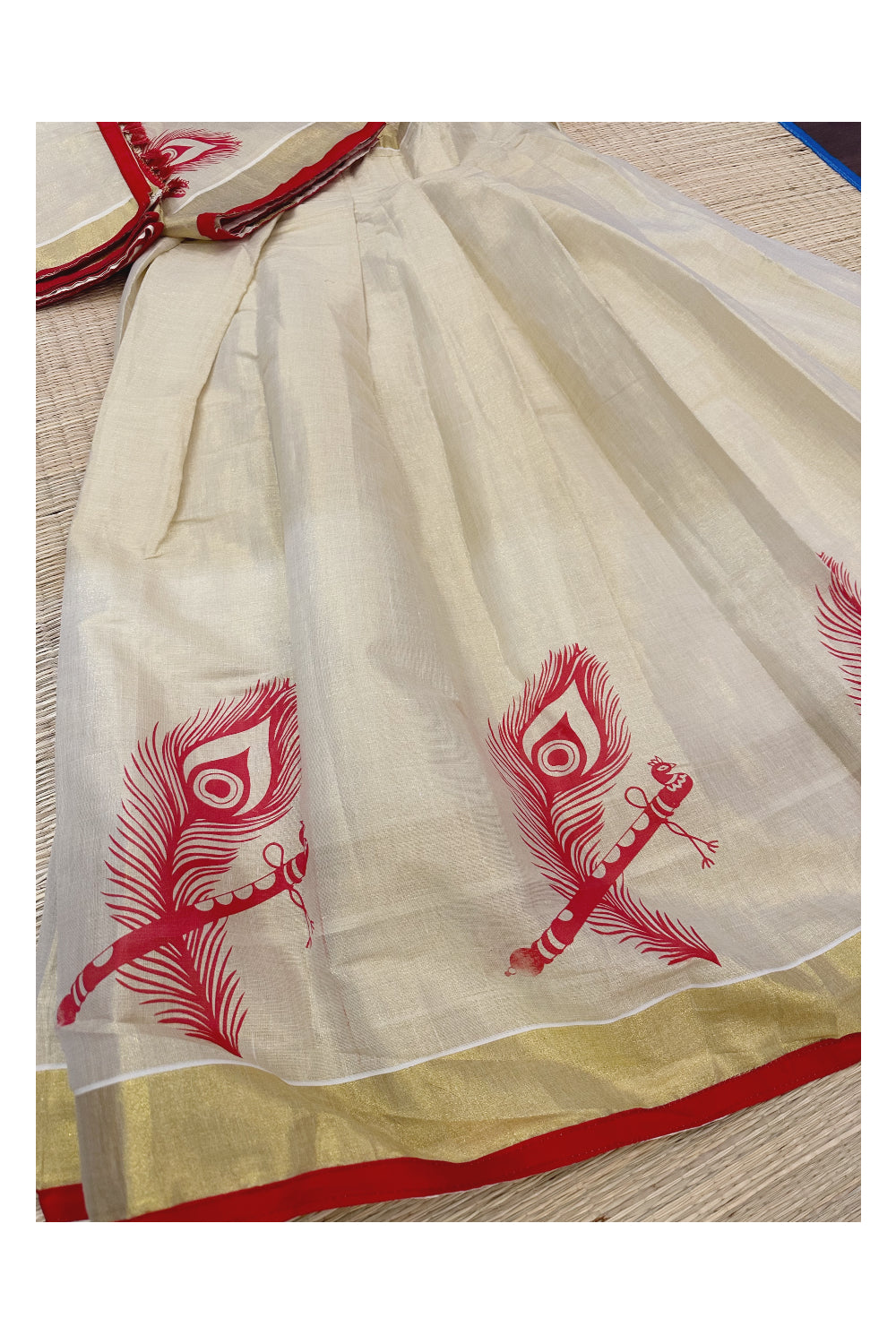 Kerala Tissue Semi Stitched Dhavani Set with Block Print Pavada and Red Blouse Piece