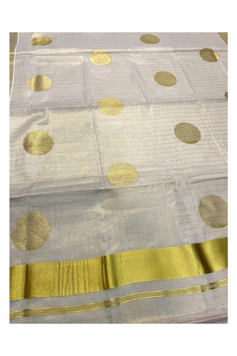 Kerala Tissue Kasavu Lines Saree with Big Polka Works On Body