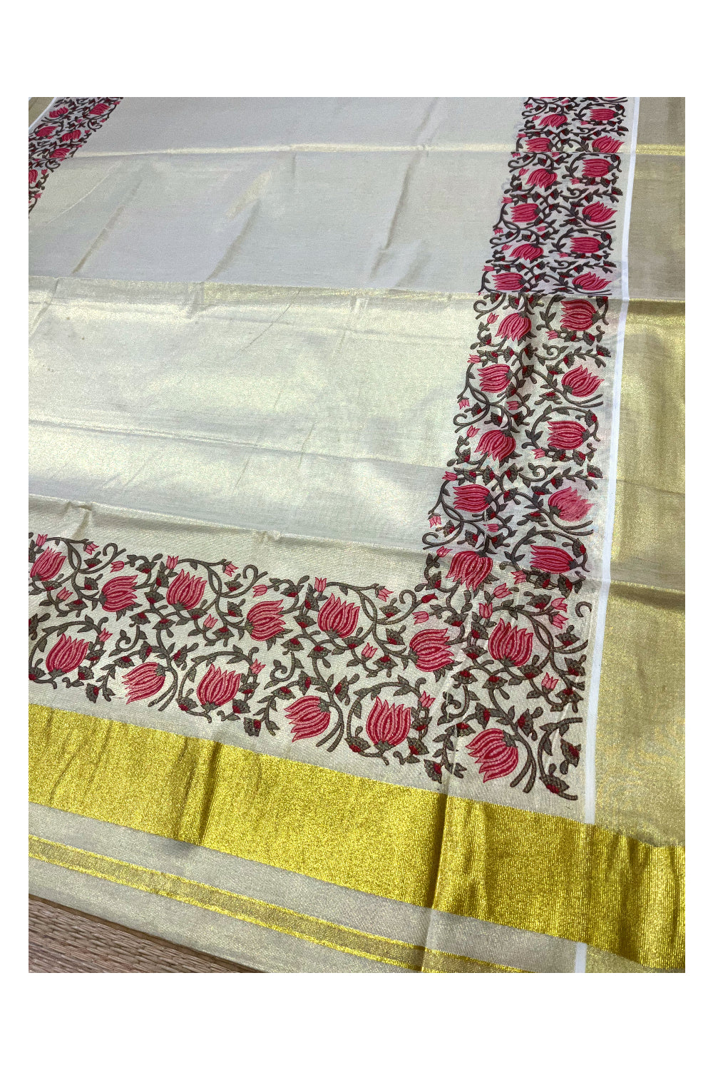 Southloom Jaipur Artisans & Kerala Weavers Collab Pink and Grey Floral Printed Tissue Kasavu Saree (2023 Onam Exclusive Kerala Saree)