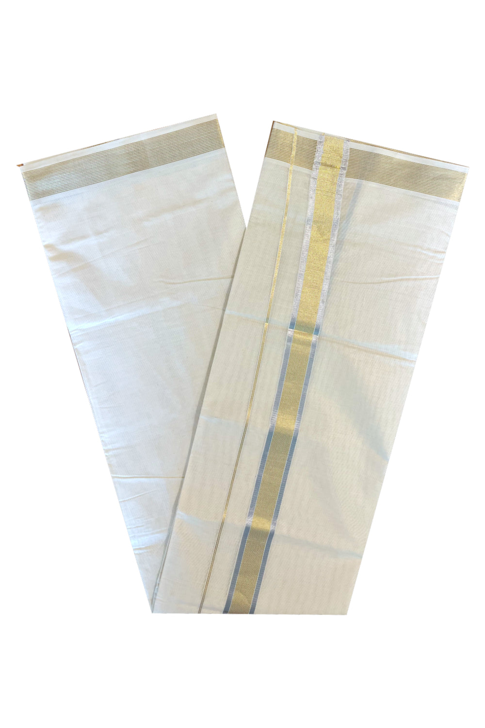 Kerala Cotton Double Mundu with Silver and Golden Kasavu Lines Border (South Indian Kerala Dhoti)