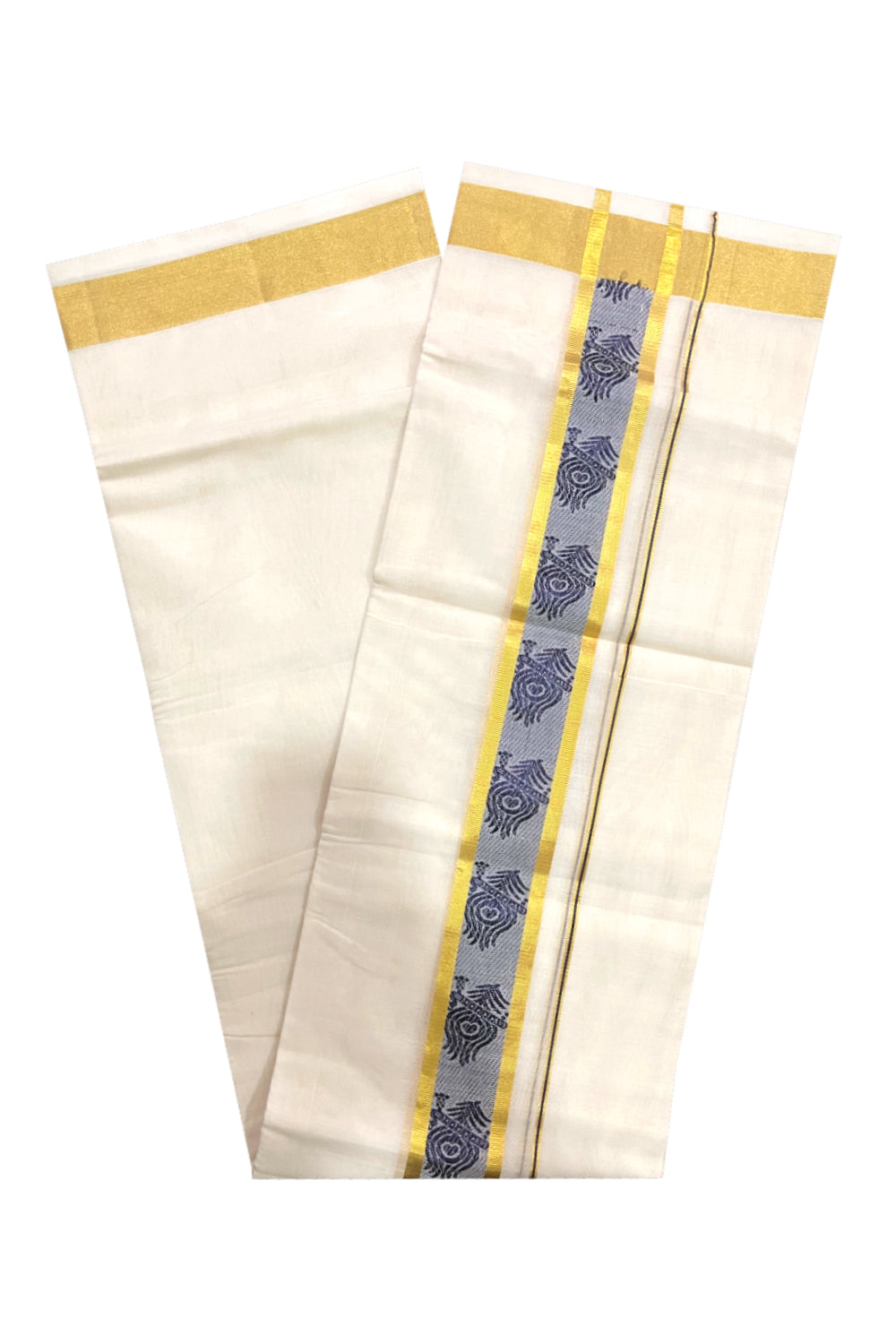 Southloom Premium Handloom Pure Cotton Mundu with Golden and Blue Kasavu Woven Border (Onam Mundu 2023)