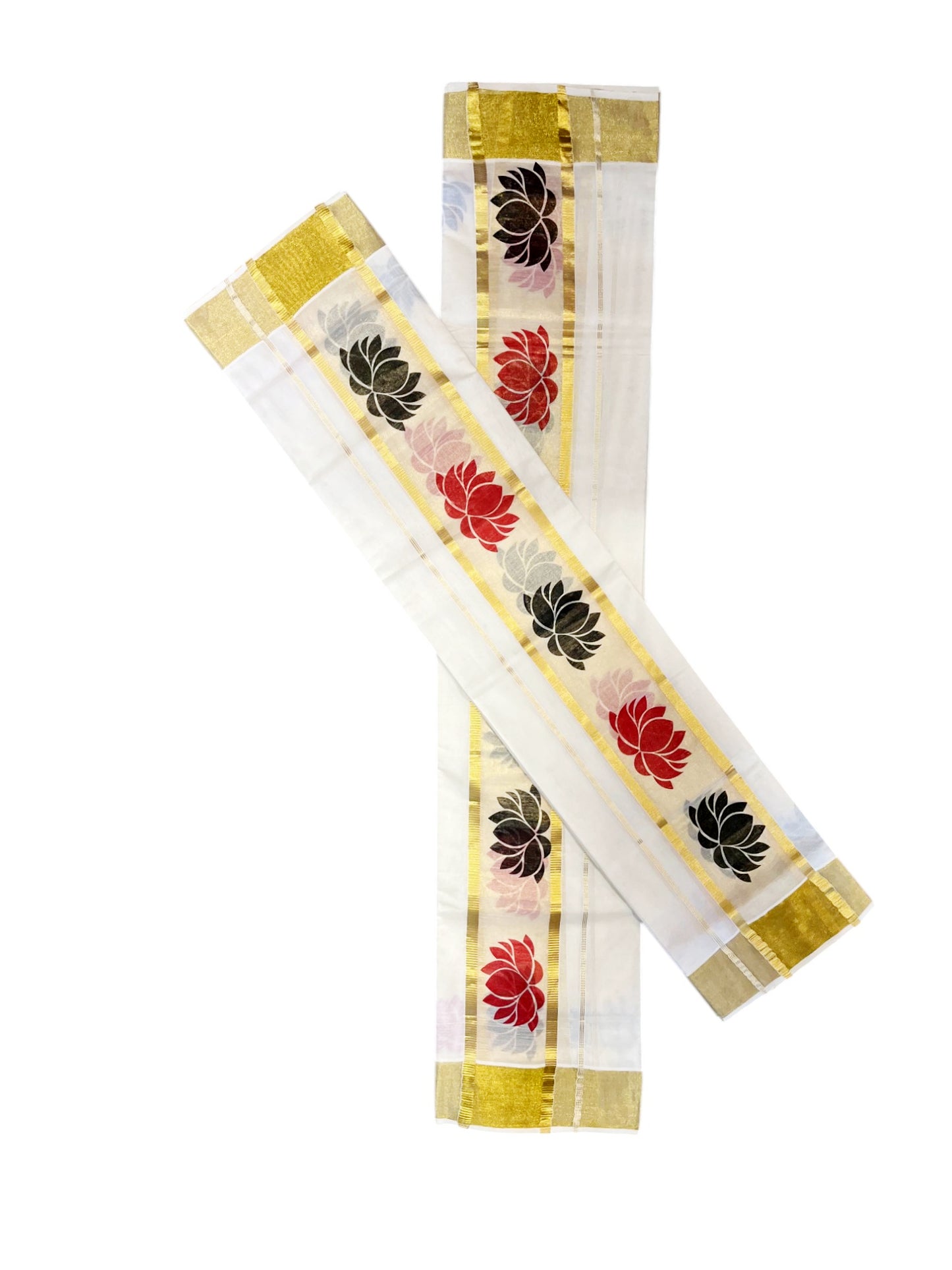 Kerala Tissue Single Set Mundu (Mundum Neriyathum) with Red And Black Lotus Block Prints On Kasavu Border