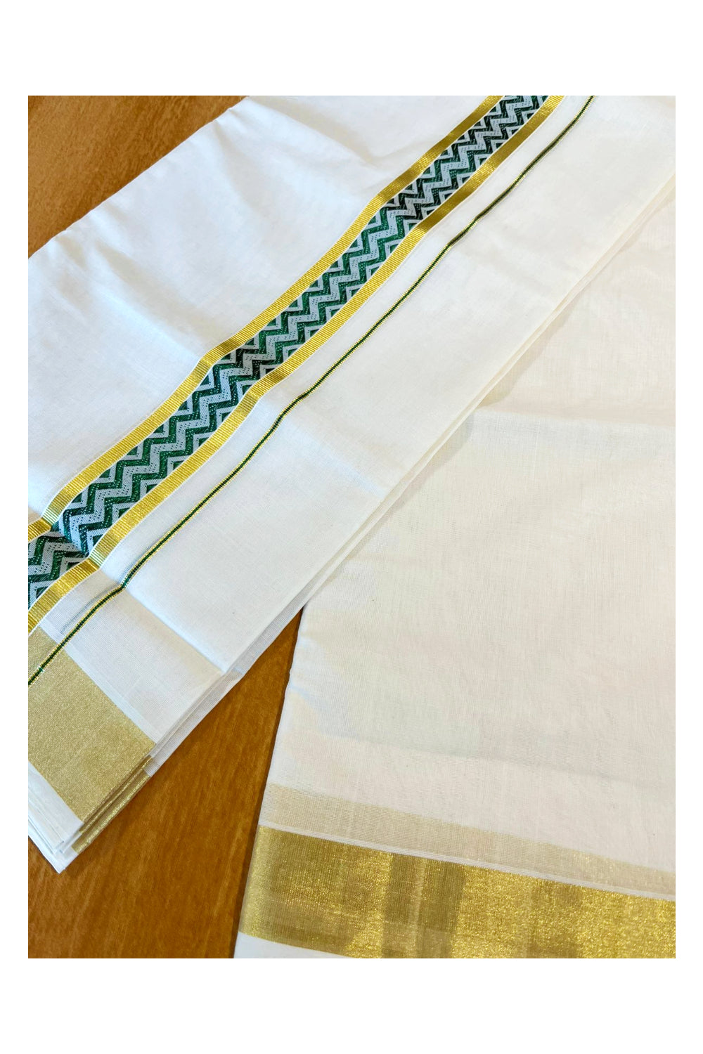 Southloom Premium Handloom Pure Cotton Mundu with Green and Kasavu Woven Border