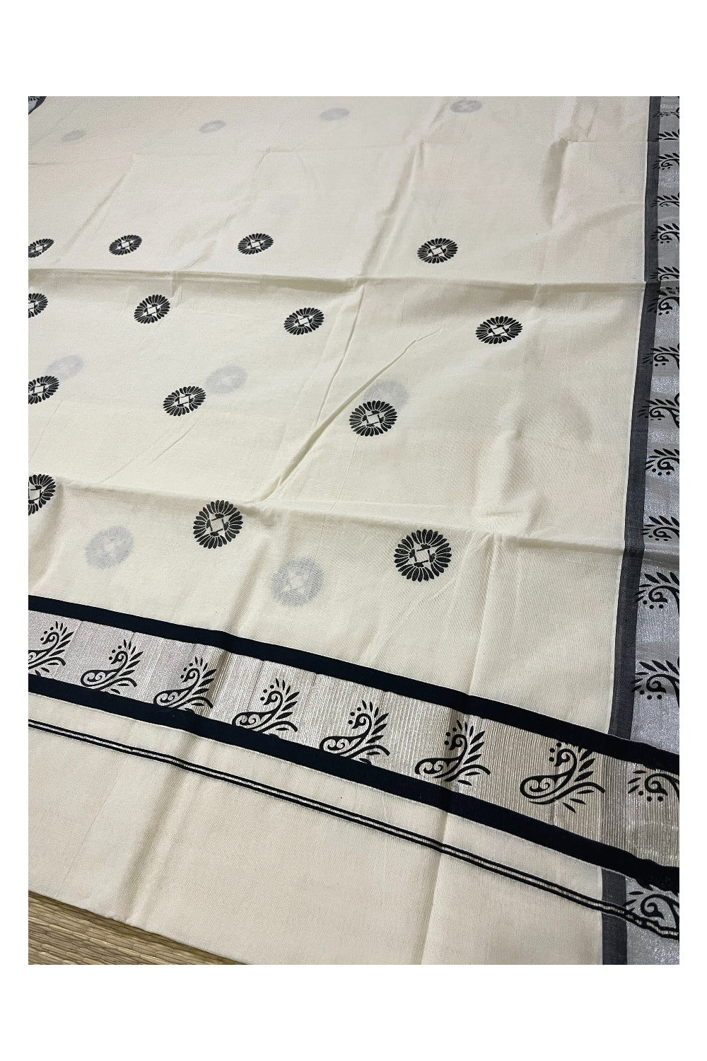 Pure Cotton Kerala Saree with Black Block Prints and Silver Border