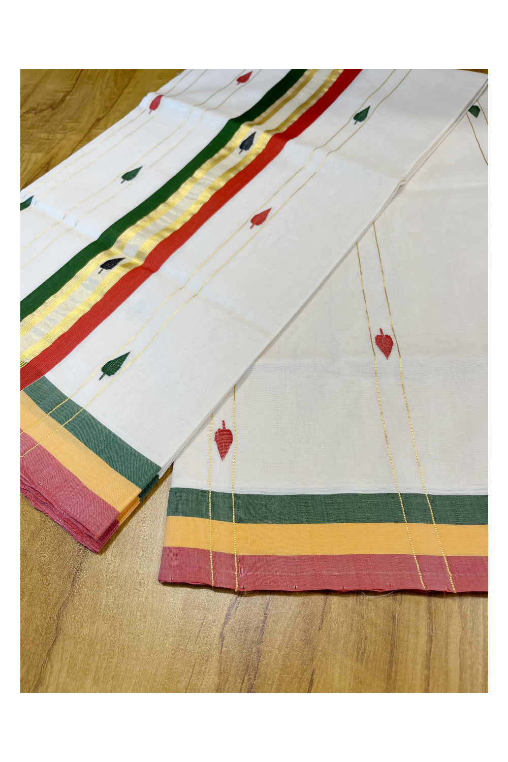 Southloom Premium Balaramapuram Unakkupaavu Handloom Cotton Butta Saree with Kasavu Lines and Red Green Border