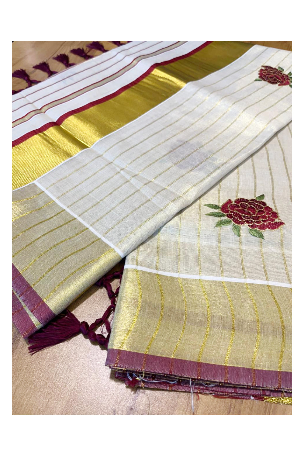 Southloom Kerala Tissue Kasavu Lines Saree with Maroon Floral Embroidery Works