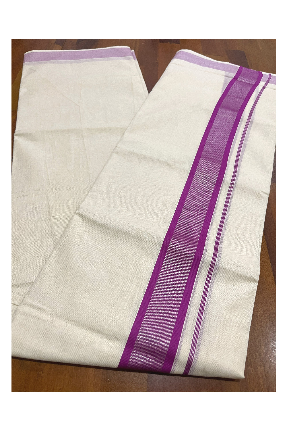 Pure Cotton Double Mundu with Magenta and Silver Kasavu Kara (South Indian Kerala Dhoti)