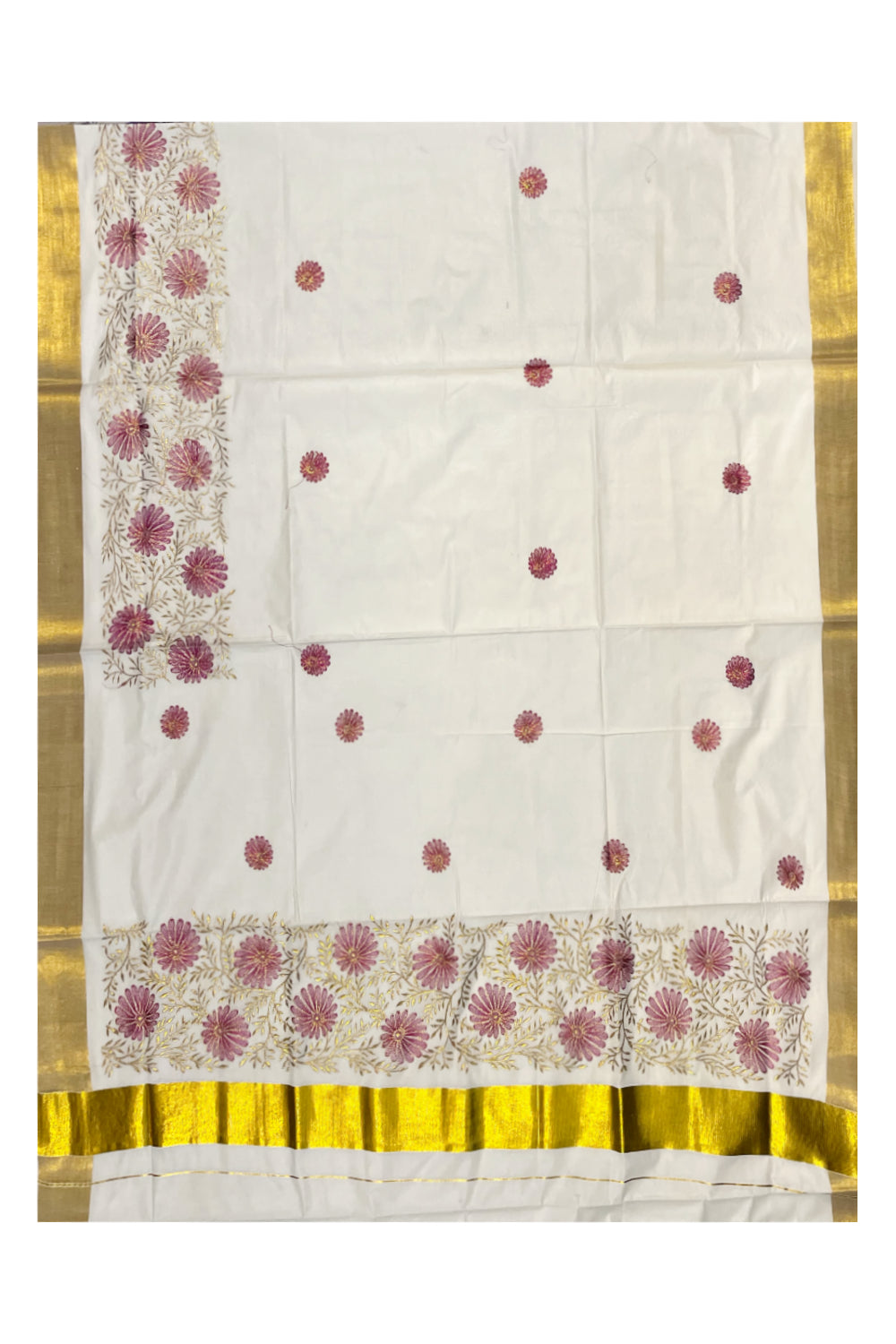 Kerala Cotton Kasavu Saree with Golden and Pink Floral Embroidery Work