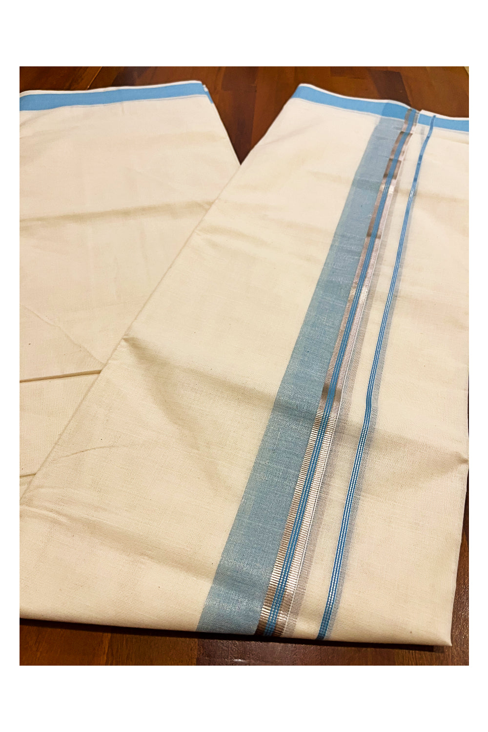 Kerala Cotton Double Mundu with Light Blue and Silver Kasavu Border (Onam Mundu 2023)