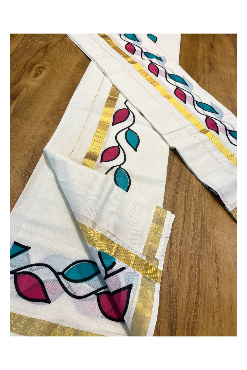 Pure Cotton Set Mundu (Mundum Neriyathum) with Pink and Green Leaf Prints on Kasavu Border(2.80M)