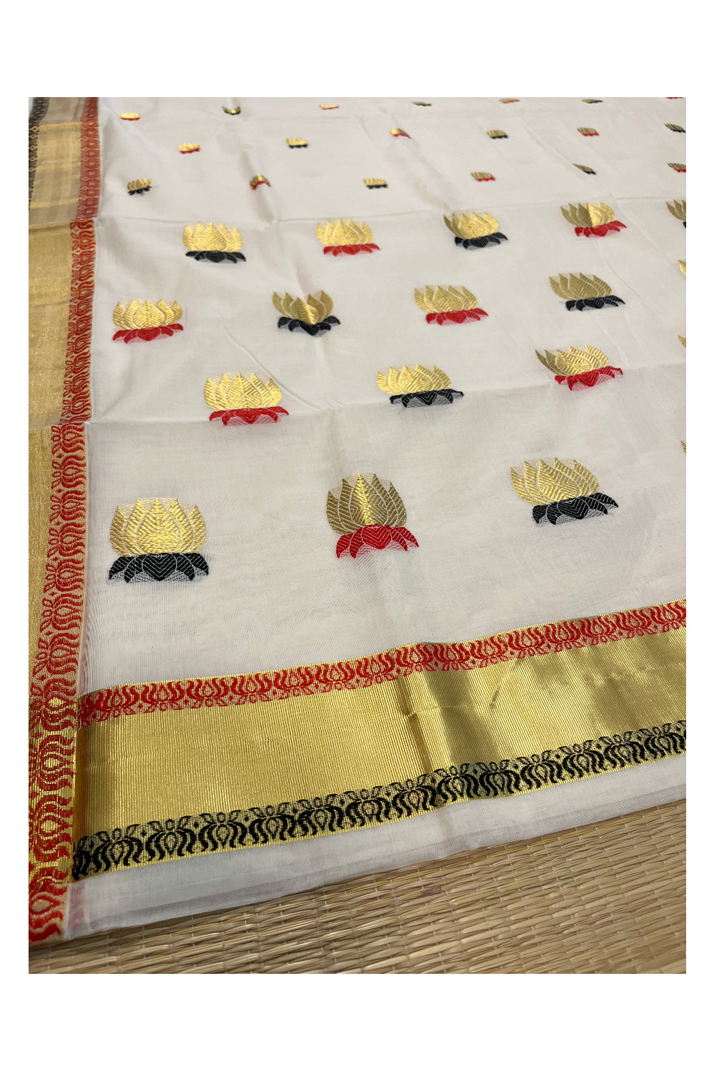 Southloom™ Premium Handloom Cotton Kasavu Saree With Handwoven Red,Black and Golden Lotus Designs