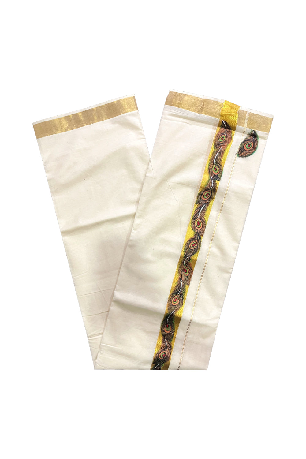 Off White Kerala Cotton Double Mundu with Mural Hand Painted Designs on Kasavu Border (South Indian Kerala Dhoti)