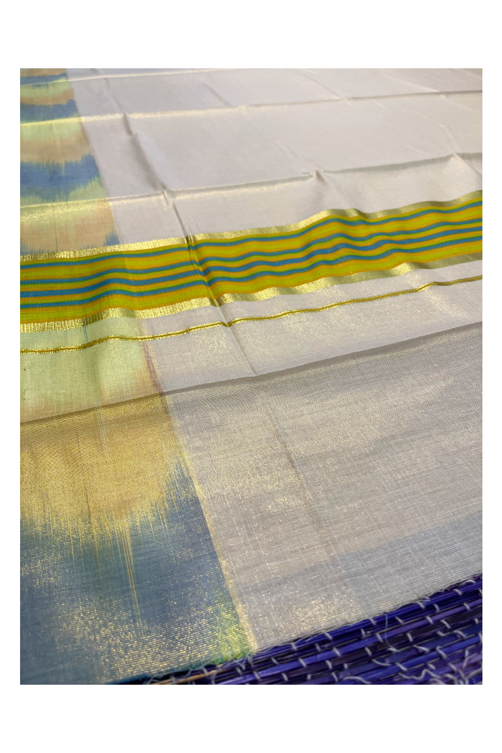 Southloom Kerala Tissue Kasavu Saree with Blue and Yellow,Orange Pochampally Design on Borders and Kara