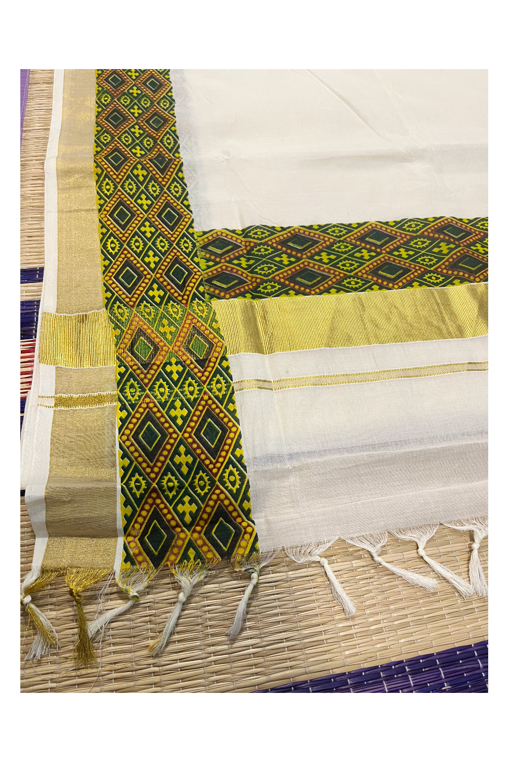 Kerala Pure Cotton Kasavu Saree with Ajrakh Stitched Borders and Matching Blouse Piece