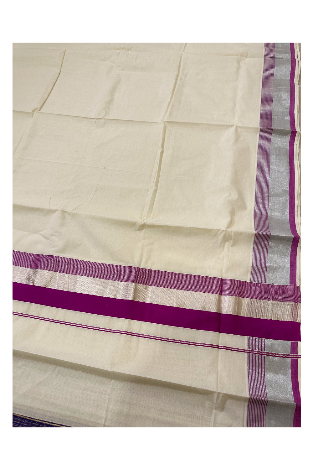 Kerala Pure Cotton Plain Saree with Silver Kasavu and Magenta Border