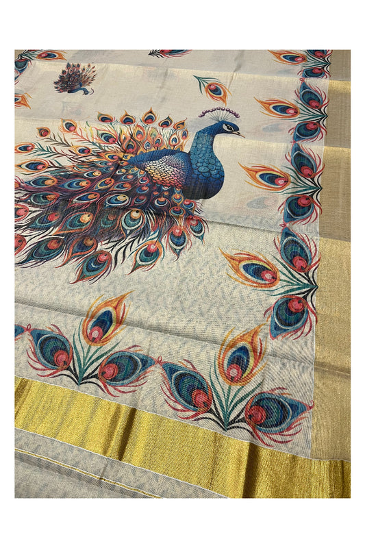 Southloom High Definition Mural Peacock Design Saree in Non Shiny Kasavu Tissue (with Printed Blouse)